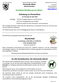 07/2024 Florianifeier; Musikerball; An alle Hundebesitzer der Gemeinde Adnet; Müllsammelaktion der Landjugend Adnet; Information der Adneter Bäuerinnen; Zeit schenken und versorgen (04.04.2024)