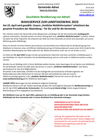 4/2023 Wahlservice zur Landtagswahl 2023, 1. Serenaden-Abend der SMK, Einladung  zur Florianifeier, Platzwart gesucht