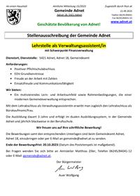 15/2023 Lehrstelle als Verwaltungsassistentin in der Gemeinde Adnet (22.09.2023)